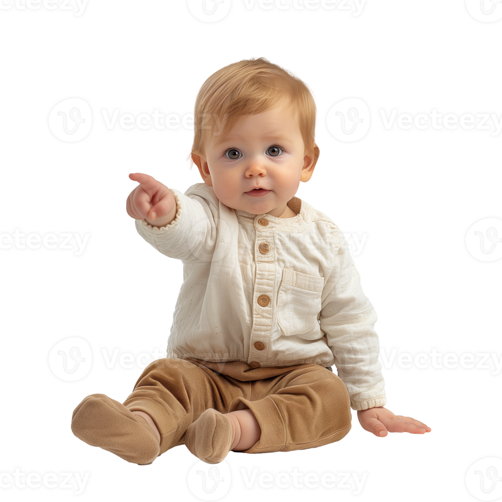 Adorable toddler pointing while sitting against transparent background png