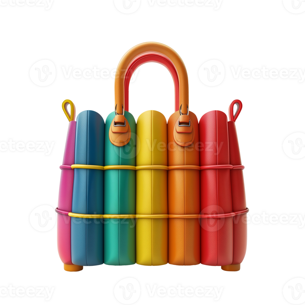 Colorful handbag with handles on transparent background. png