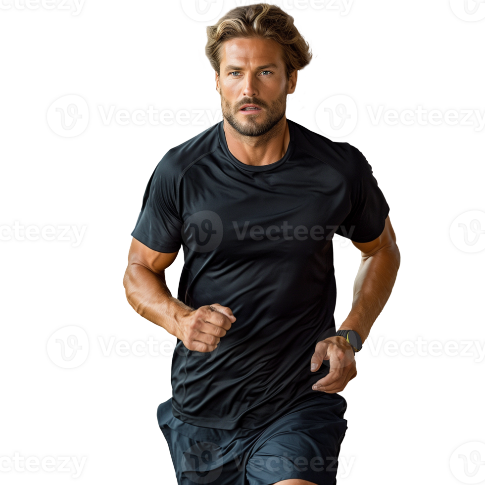 Athletic man running in a black t-shirt png