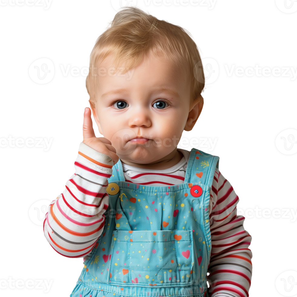 Pensive toddler in colorful overalls against transparent background png