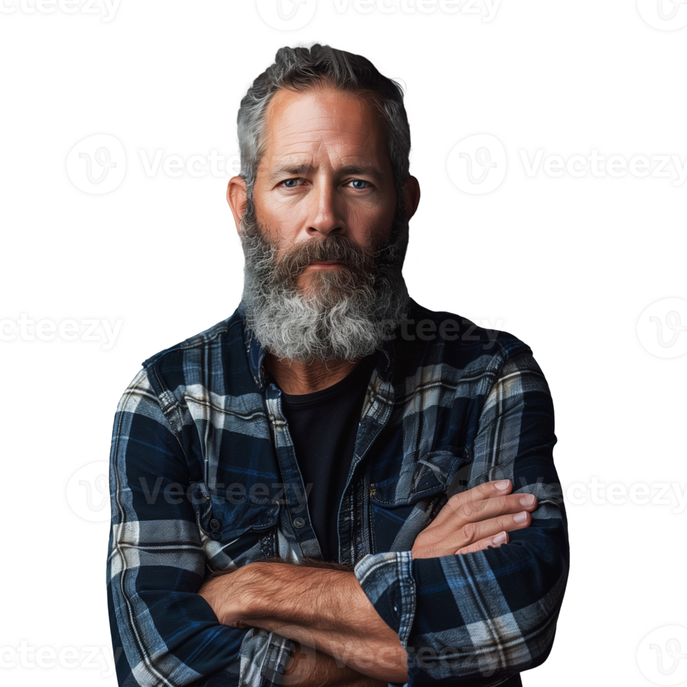 Confident bearded man in plaid shirt posing with arms crossed png