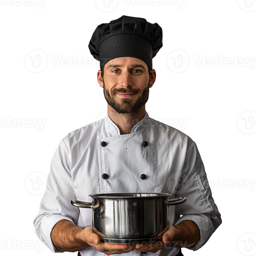 Smiling chef holding stainless steel pot png
