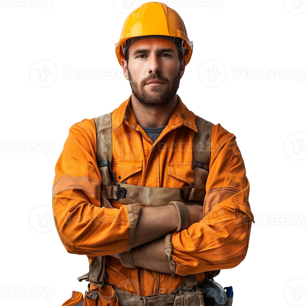 Confident construction worker in orange safety gear with arms crossed png