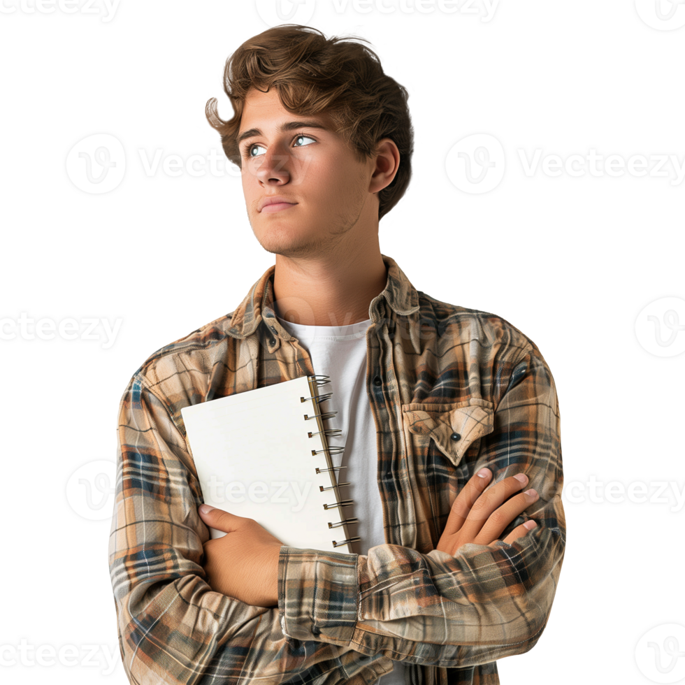 Young man holding notebook looking upward with anticipation png