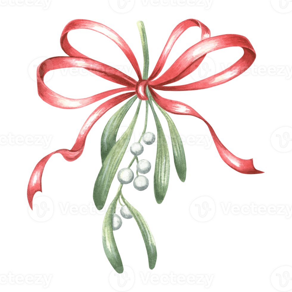Mistletoe twig with berries and red silk bow. Winter traditional plants in vintage. Hand drawn watercolor illustration holiday design. Isolated template for greeeting card, Christmas, New Year, print. png