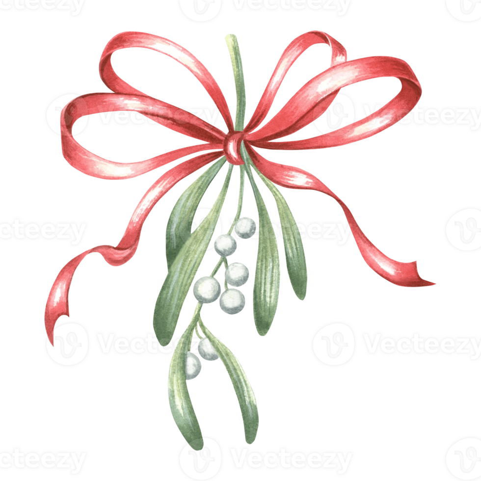 vischio ramoscello con frutti di bosco e rosso seta arco. inverno tradizionale impianti nel Vintage ▾. mano disegnato acquerello illustrazione vacanza design. isolato modello per greeeting carta, Natale, nuovo anno, Stampa. png