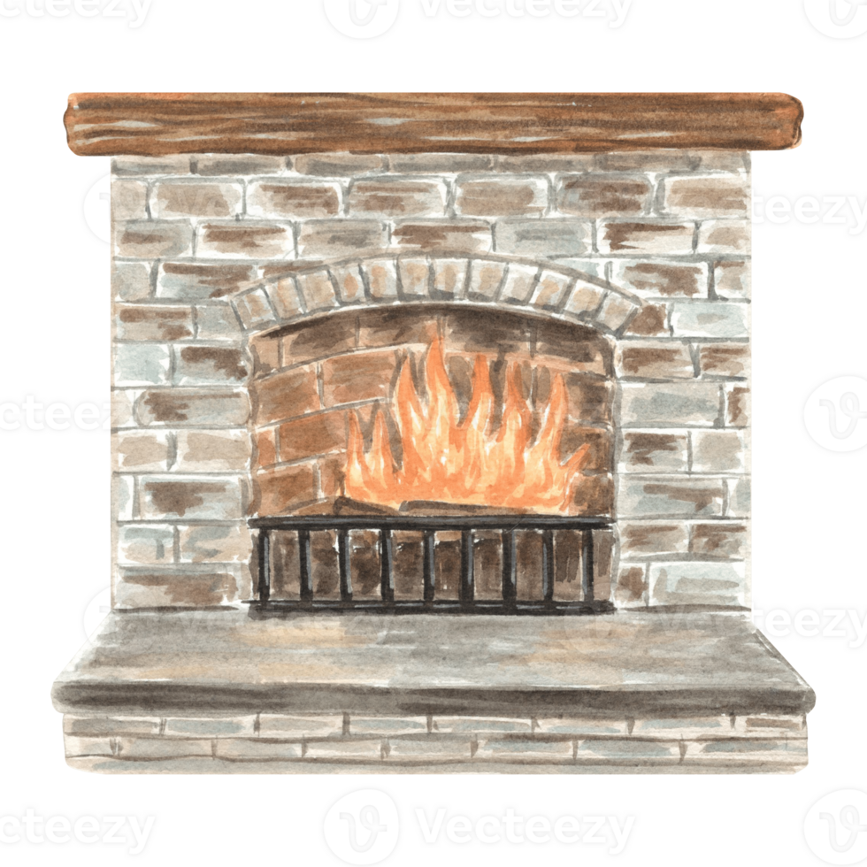 Burning fireplace with brickwork and wood shelf. Hand drawn watercolor illustration in vintage. Cozy home symbol, interior detail. Isolated template for invitation, card, Christmas, New Year, print. png