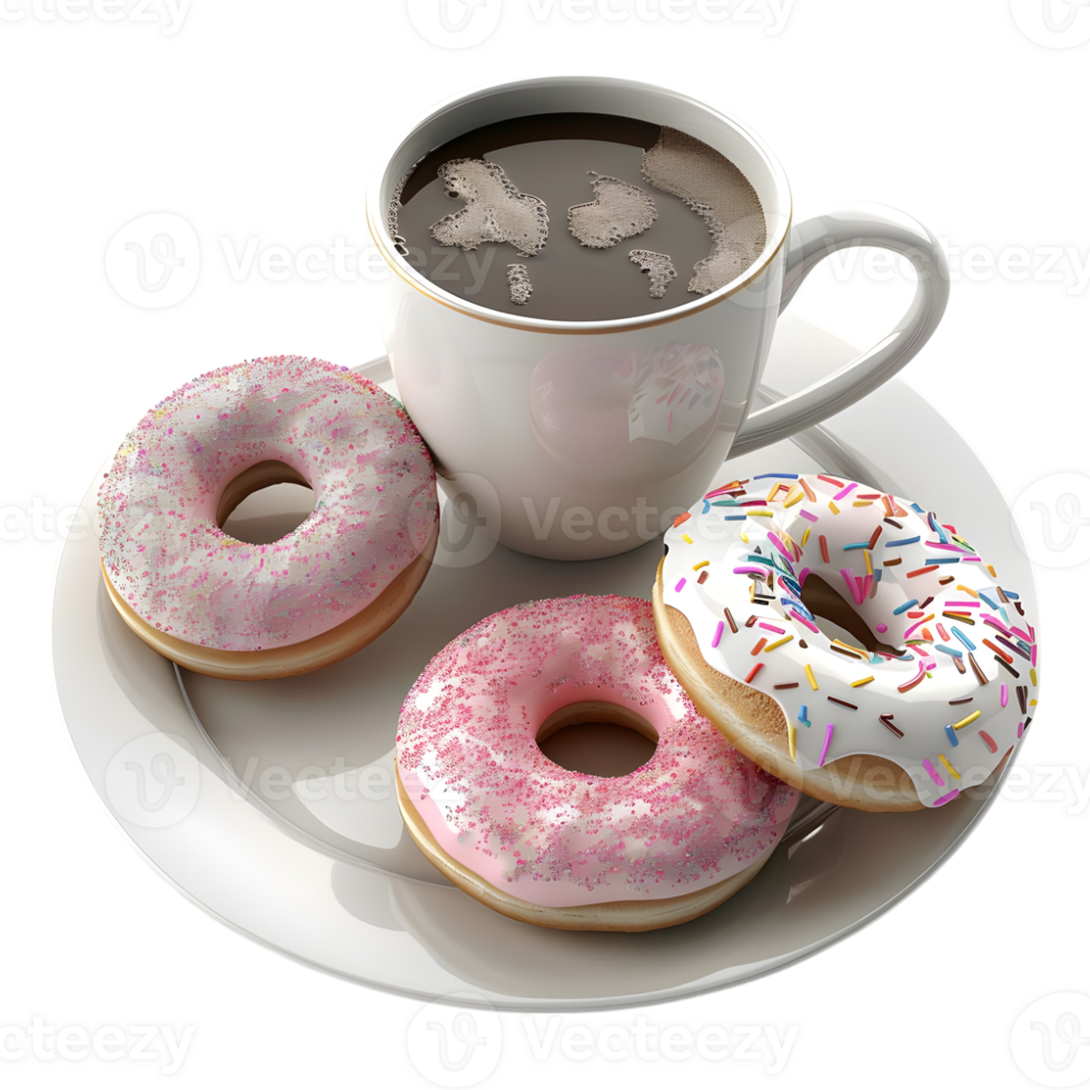 3D Rendering of a Donut with Tea in a Plate on Transparent Background png