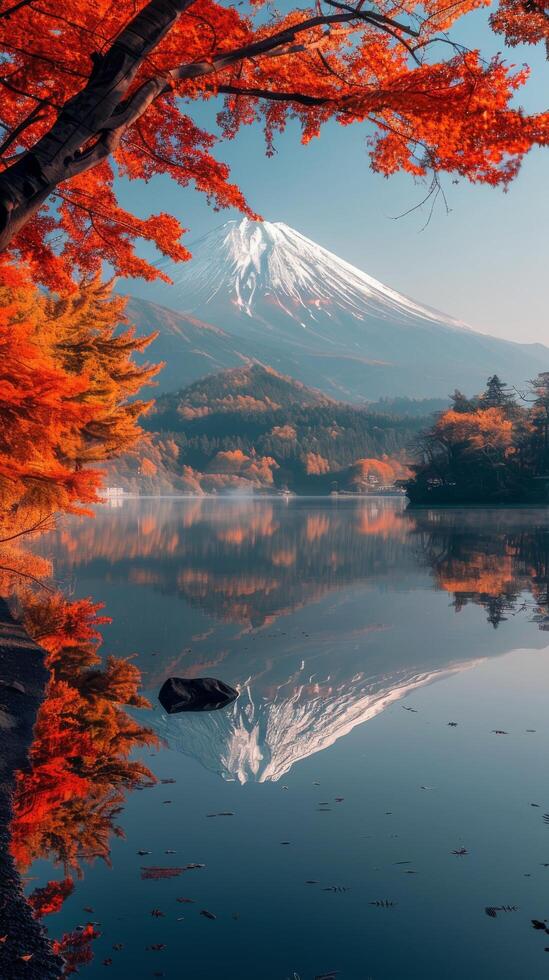 Tree-lined Lake With Mountain Background photo