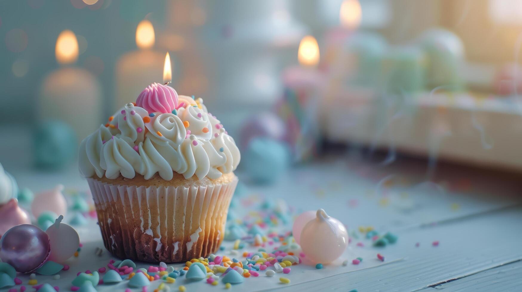 Cupcake With Lit Candle Surrounded by Sprinkles photo