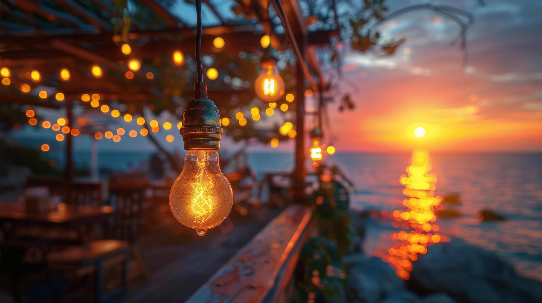 String lights create a festive ambiance on a beachfront deck against the backdrop of a stunning ocean sunset. photo