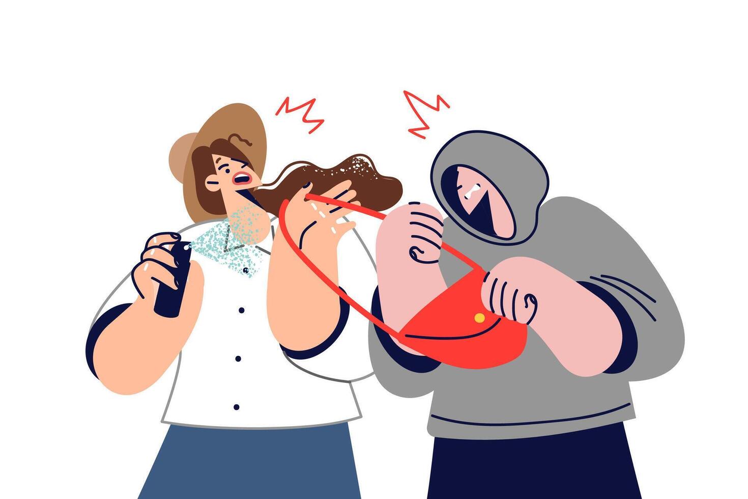 Robber who takes woman bag gets rebuffed and gets blast of pepper from gas spray in face vector