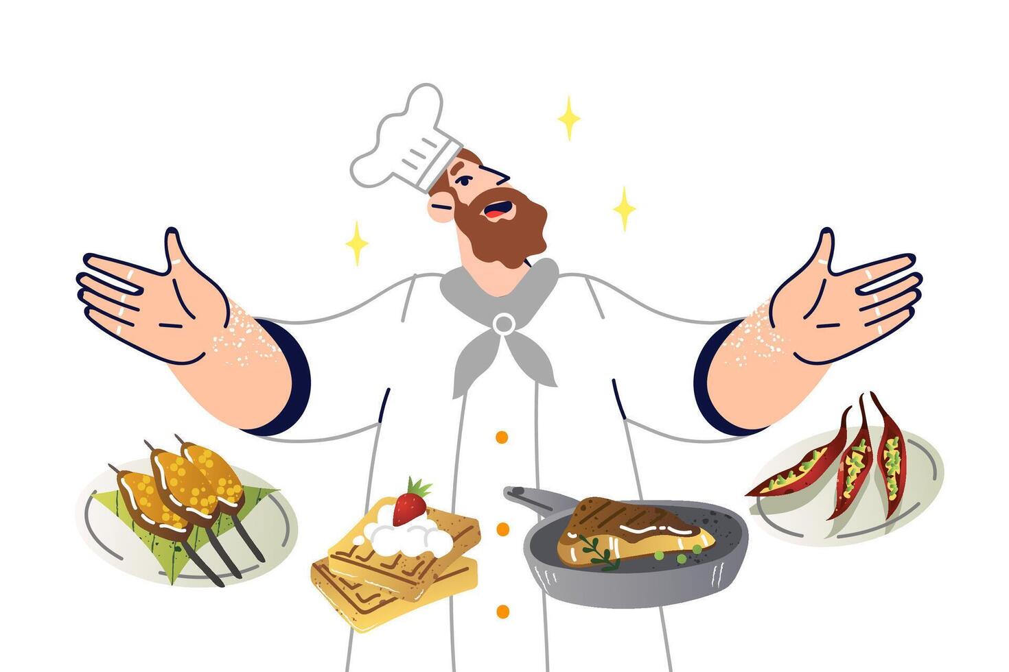 Restaurant man chef demonstrates dishes from menu, offering to try new culinary delicacies vector