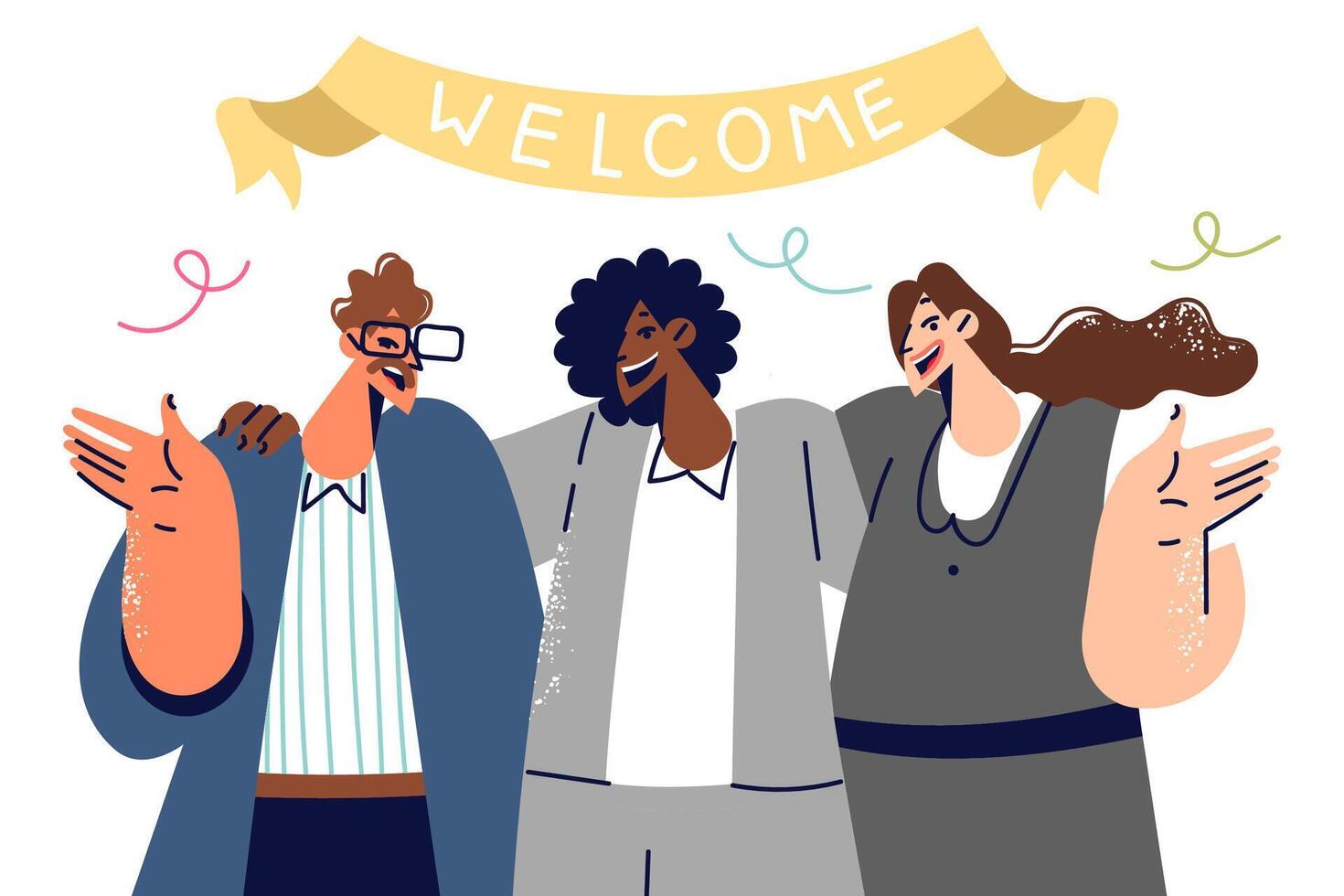 Friendly business people invite you to join team, standing under banner that says welcome vector