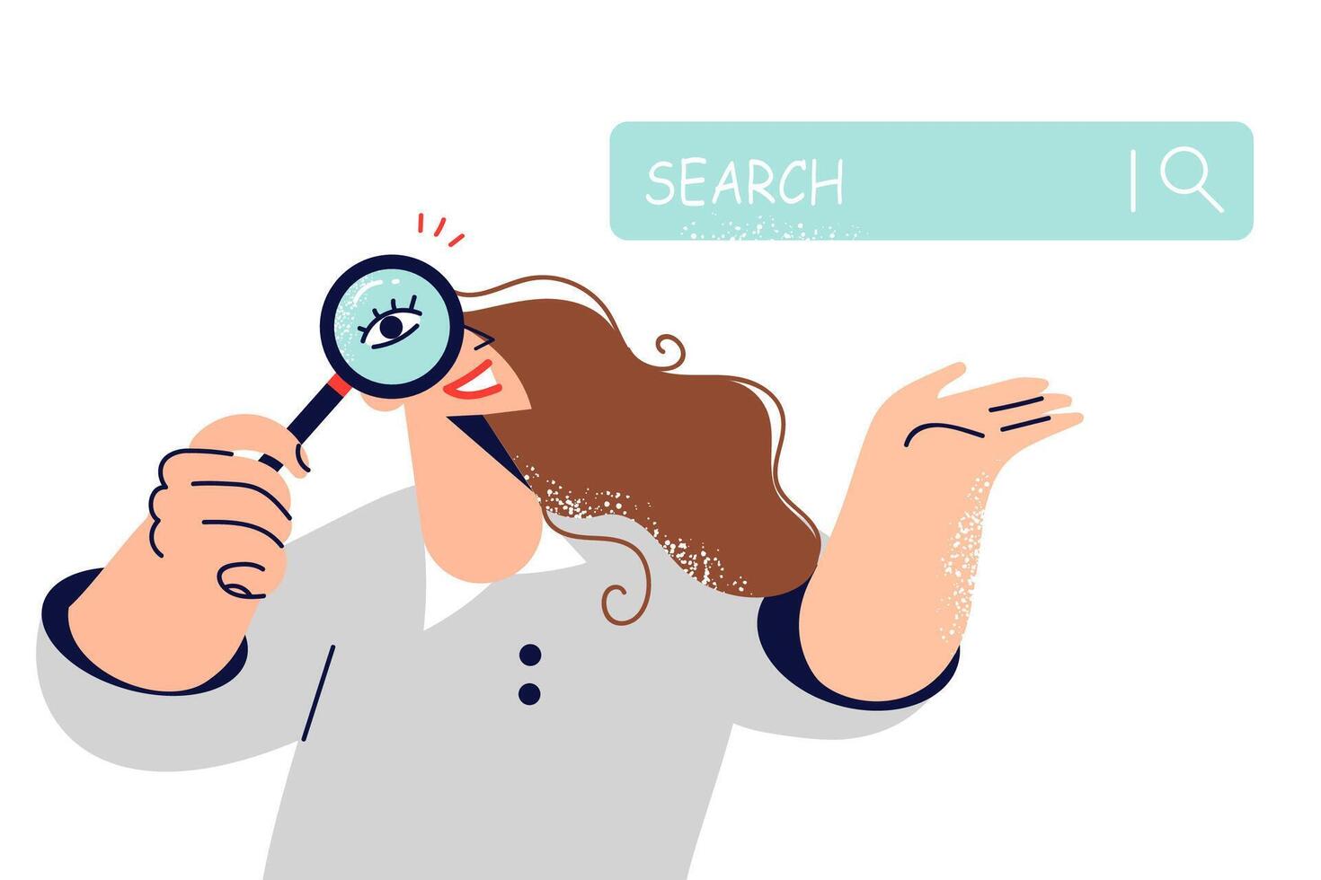 Woman journalist uses search bar on internet to find answer to question, holding magnifying glass vector