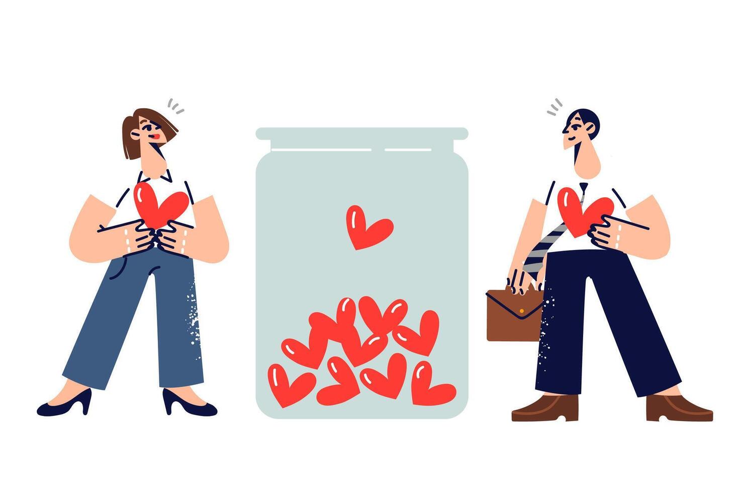 Man and woman act as donors collecting blood for people in need, standing near jar with hearts vector