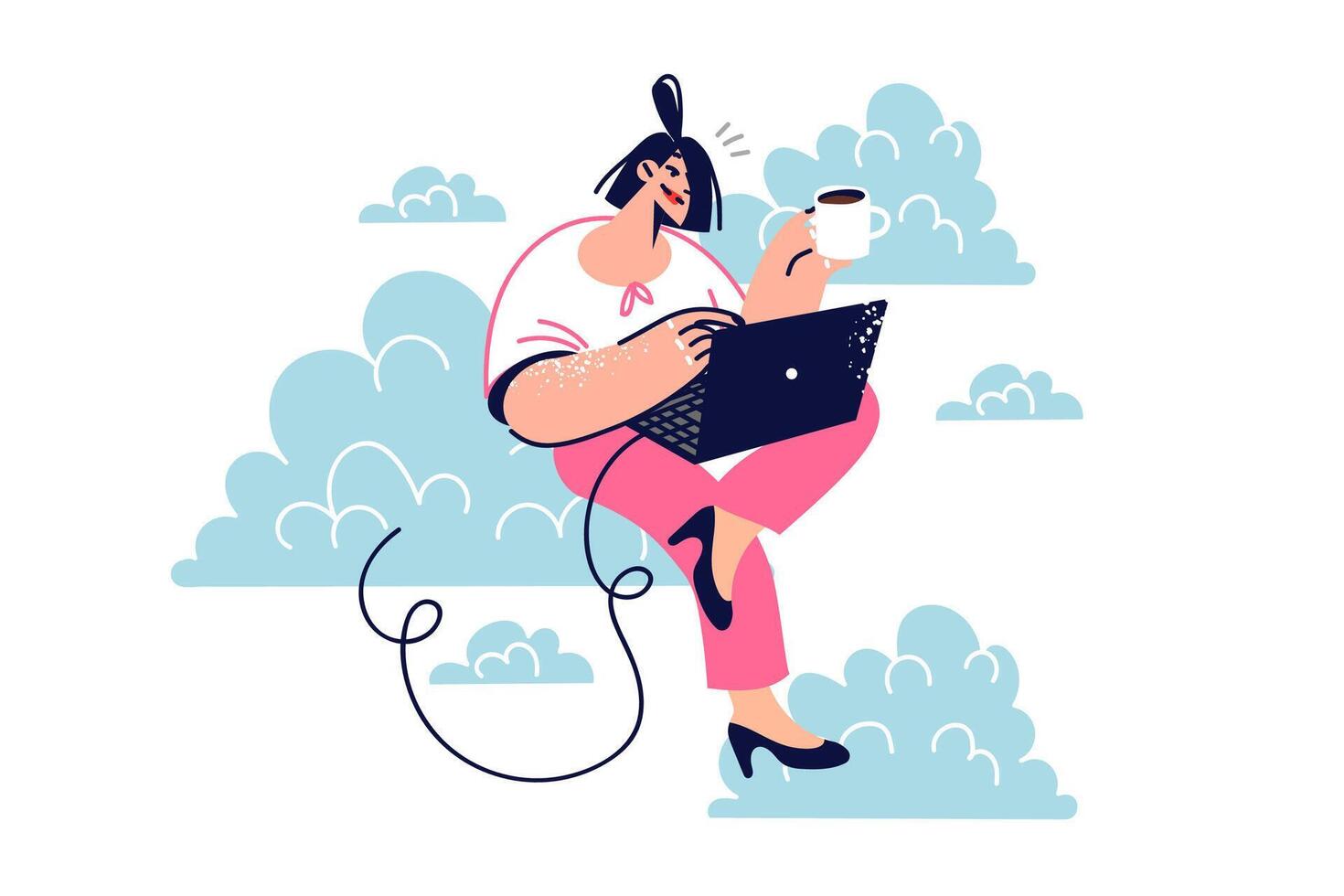 Woman freelancer uses cloud technologies to work remotely via internet, sitting on sky with laptop vector