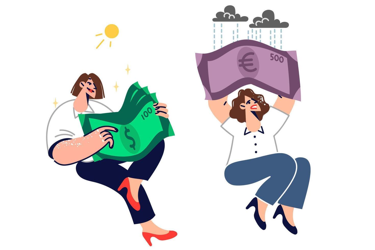 Two women with dollars and euros in hands exchange cash into currencies and get different results vector