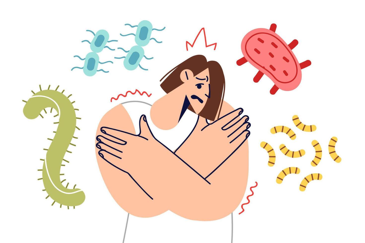Woman with weak immunity stands among bacteria and viruses or worms, and needs vitamins vector