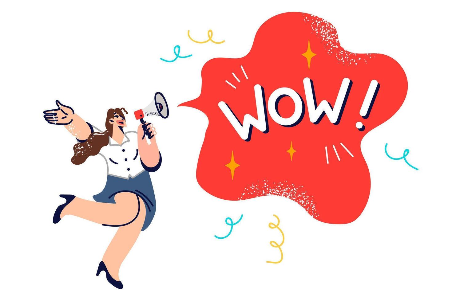 Woman promoter makes amazing offer by shouting into gramophone near speech cloud with word WOW vector