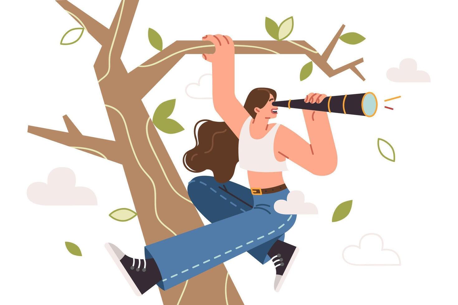 Curious woman looks through telescope climbing tree, spying on neighbors or looking for way home vector