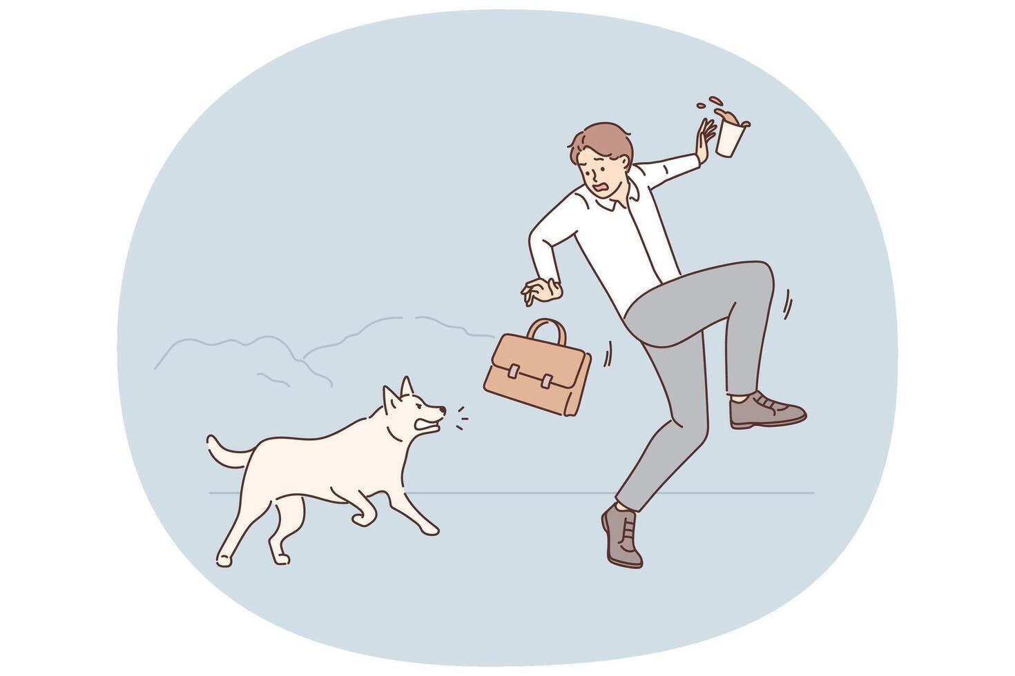 Terrified businessman scared by aggressive dog vector
