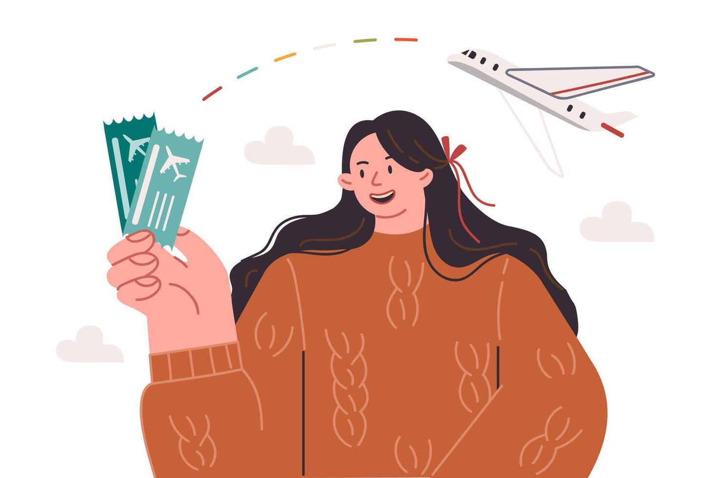mujer sostiene avión Entradas, ofrecimiento a mosca juntos en vacaciones o Vamos en verano viaje alrededor mundo vector