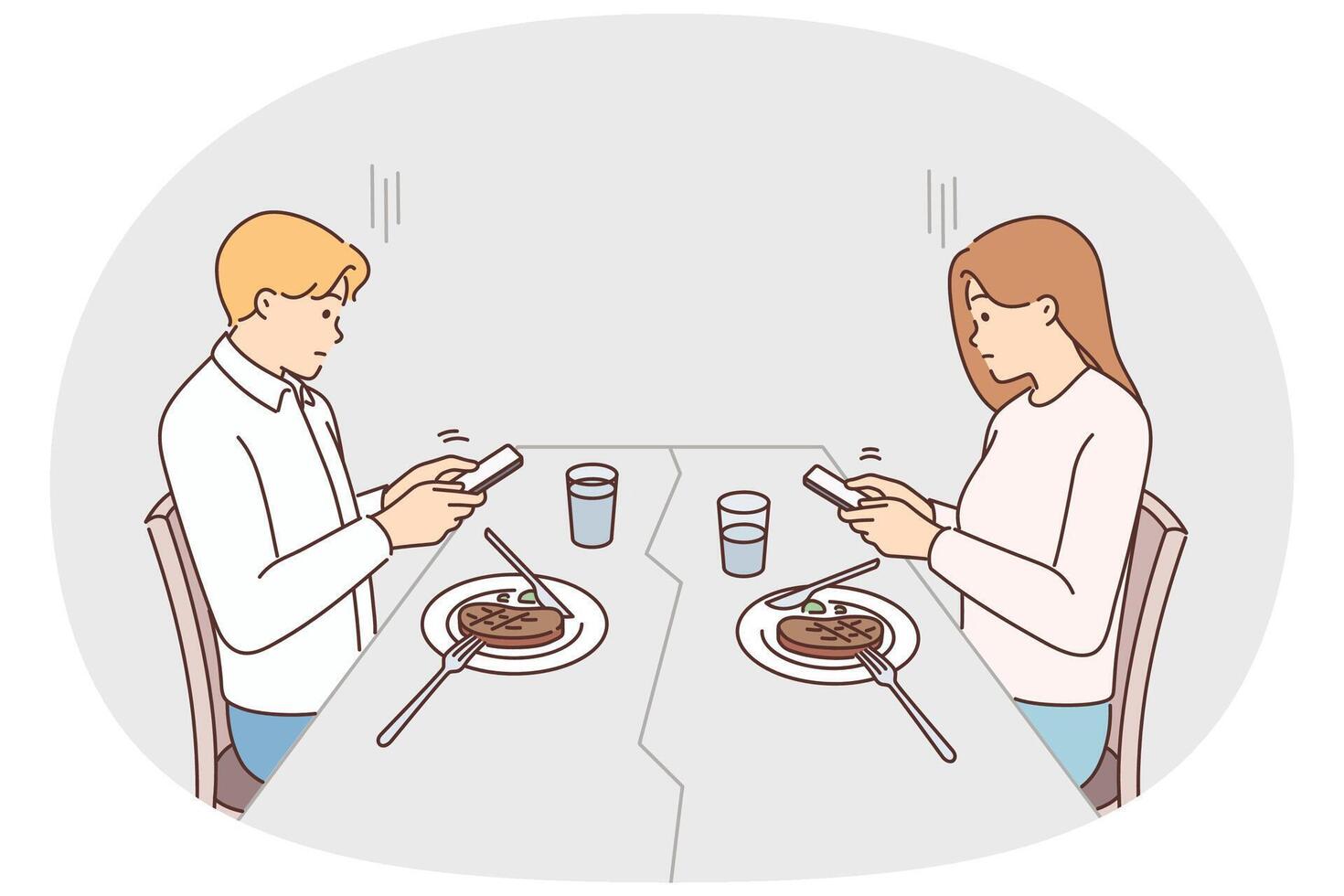 Couple distracted from dinner using smartphones vector
