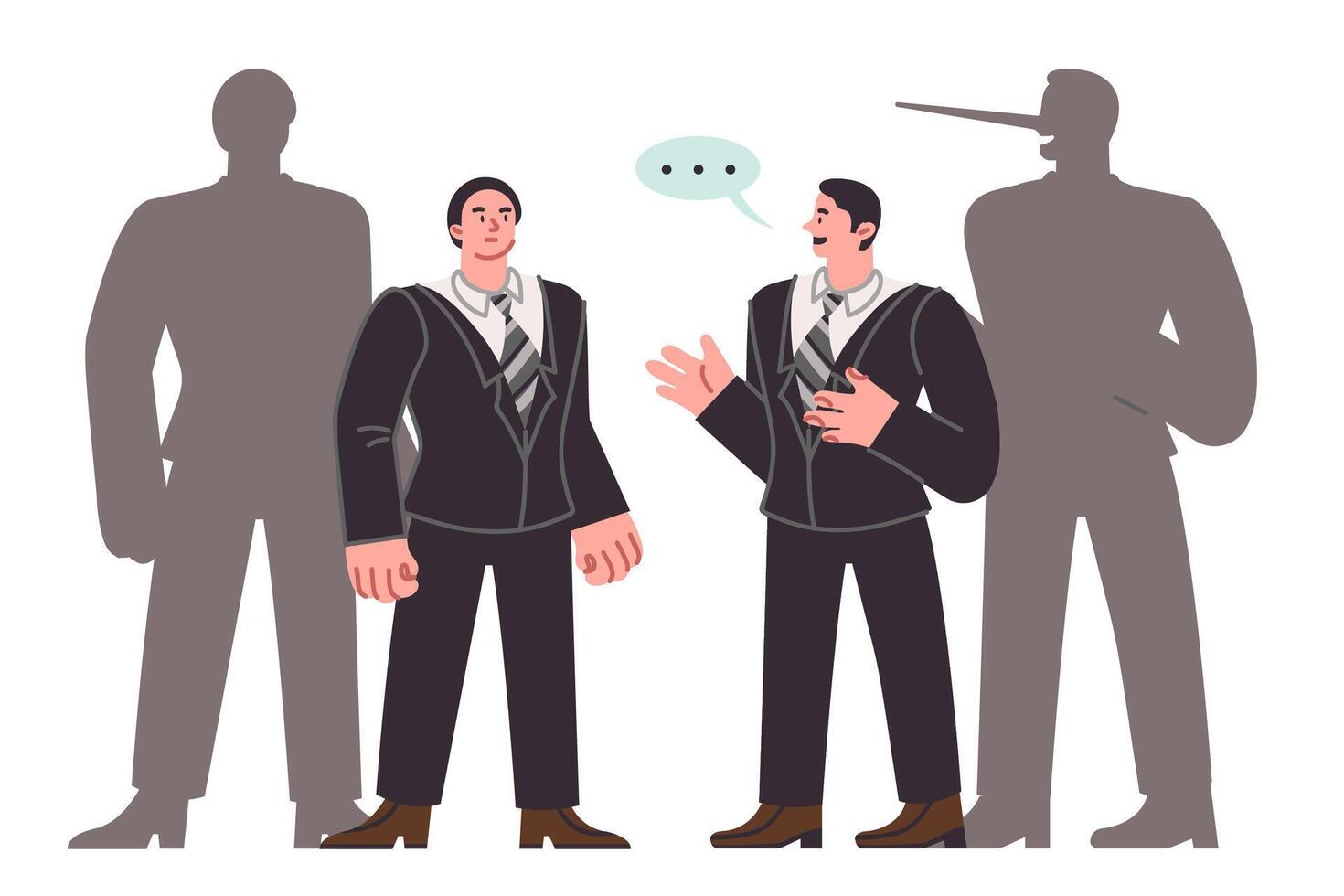 Deception in business negotiations between man and swindler, standing near shadow with long nose vector
