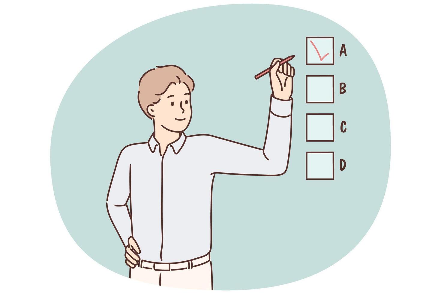 Smiling businessman involved in multiple choice test vector