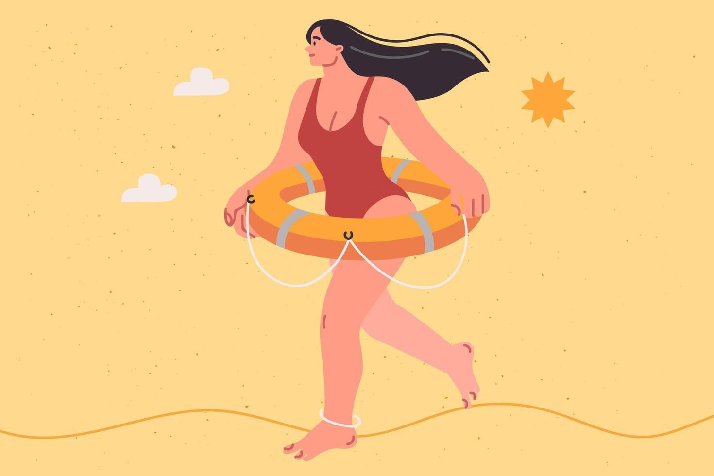 Woman beach lifeguard dressed in swimsuit walks along seashore with lifebuoy on belt vector