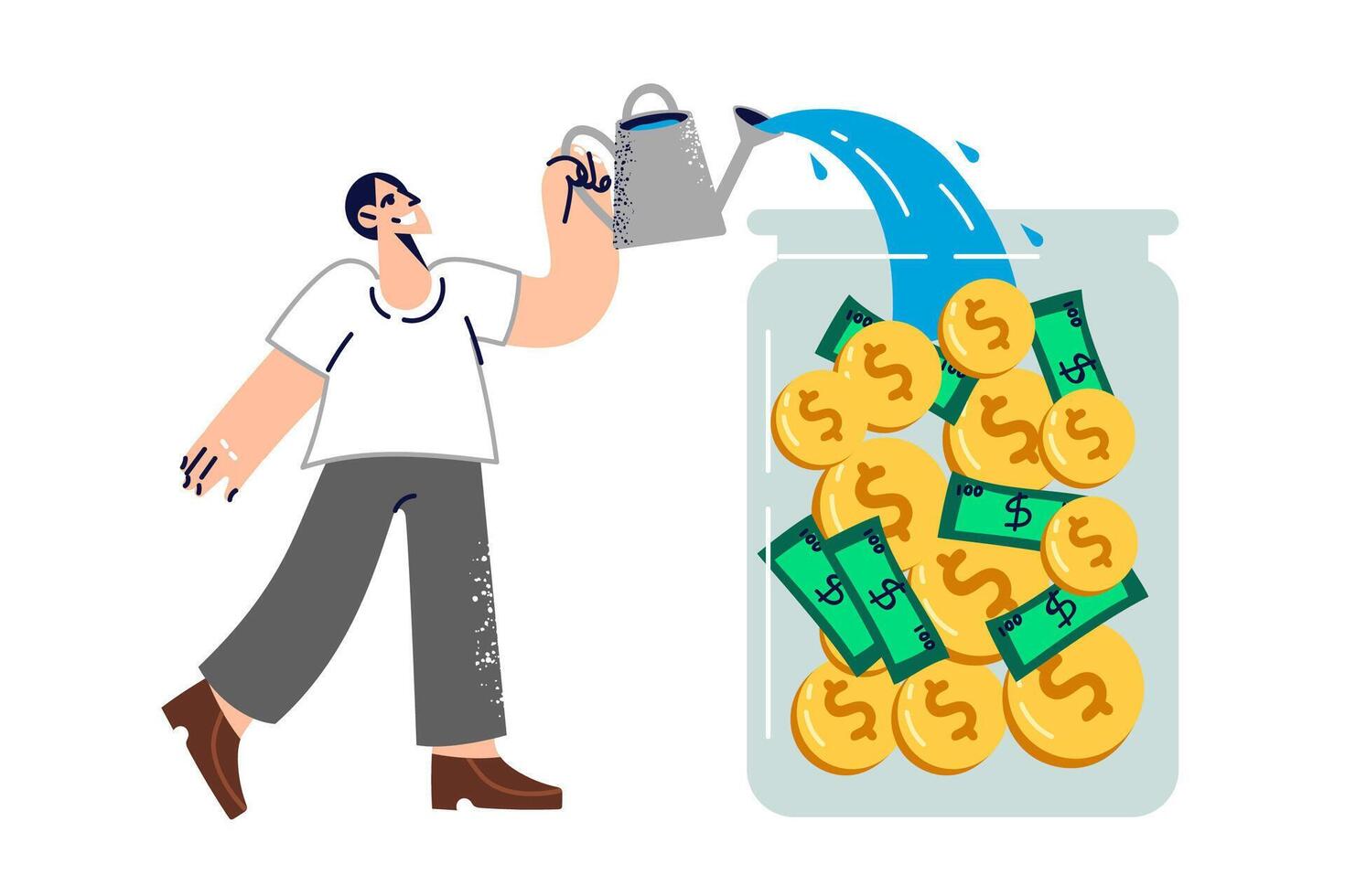 Man investor pours money and coins into inside bank, wanting to receive dividends and capital gains vector