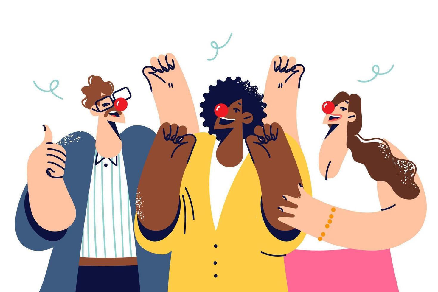 Group of friends with clown noses participate in cool party and dance to fiery music vector