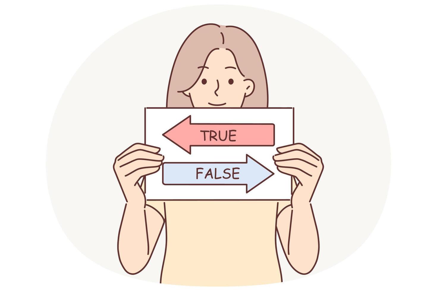 True and false sign in hands woman calling to make decision and make right choice from two options vector