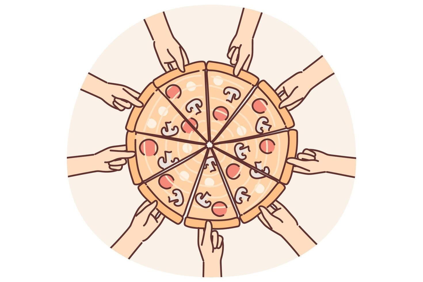 Hands reach out to pizza to pick up piece of delicious italian snack with cheese and pepperoni vector