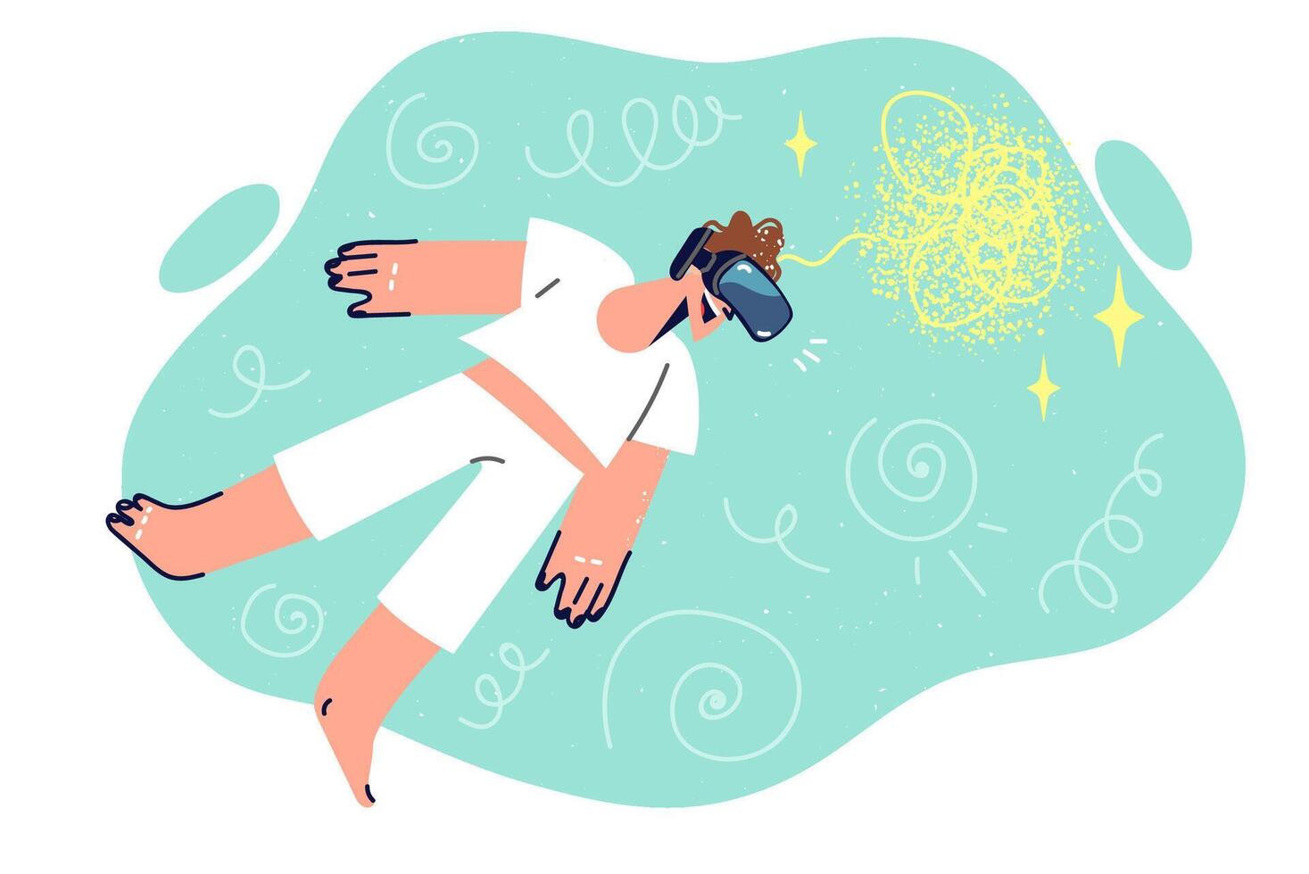 Man feels feeling flight thanks to VR technology and use of glasses that immerses in virtual reality vector