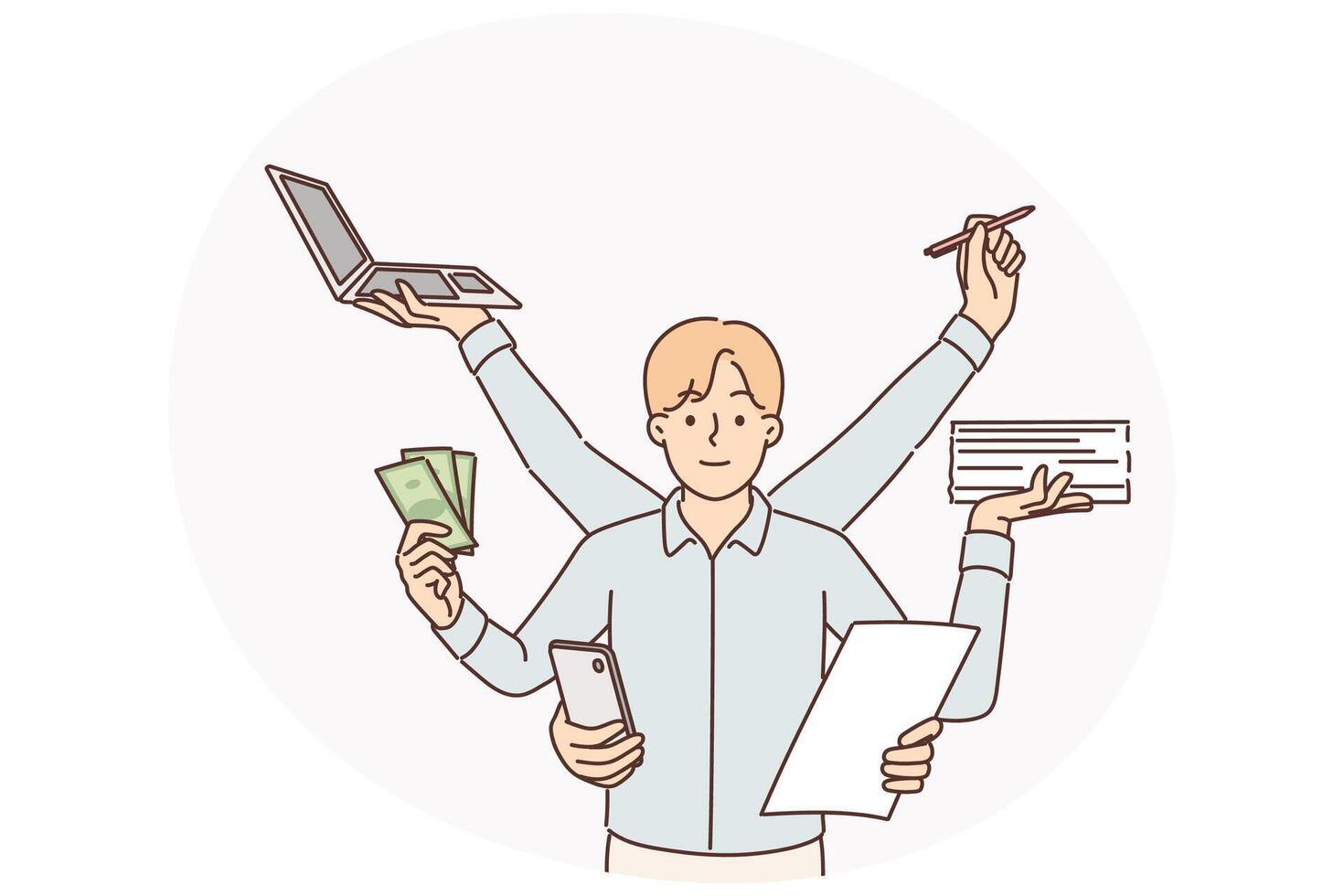 Multitasking businessman with many hands doing several things at same time wanting to be productive vector
