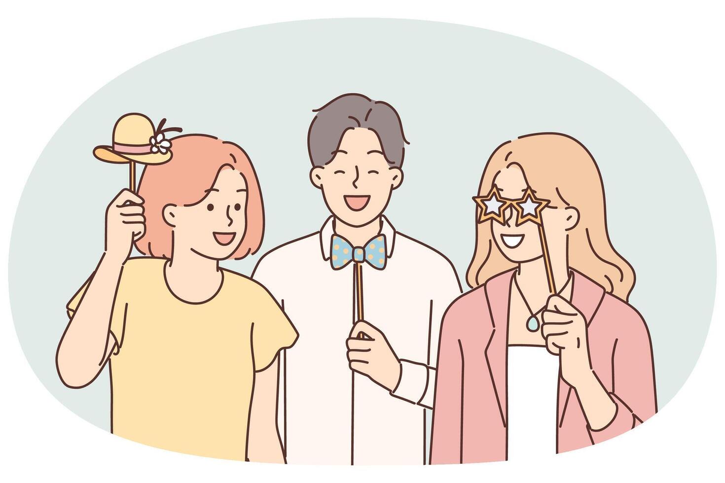 Cheerful friends with photo props pose for joint picture during birthday party or holiday festival vector