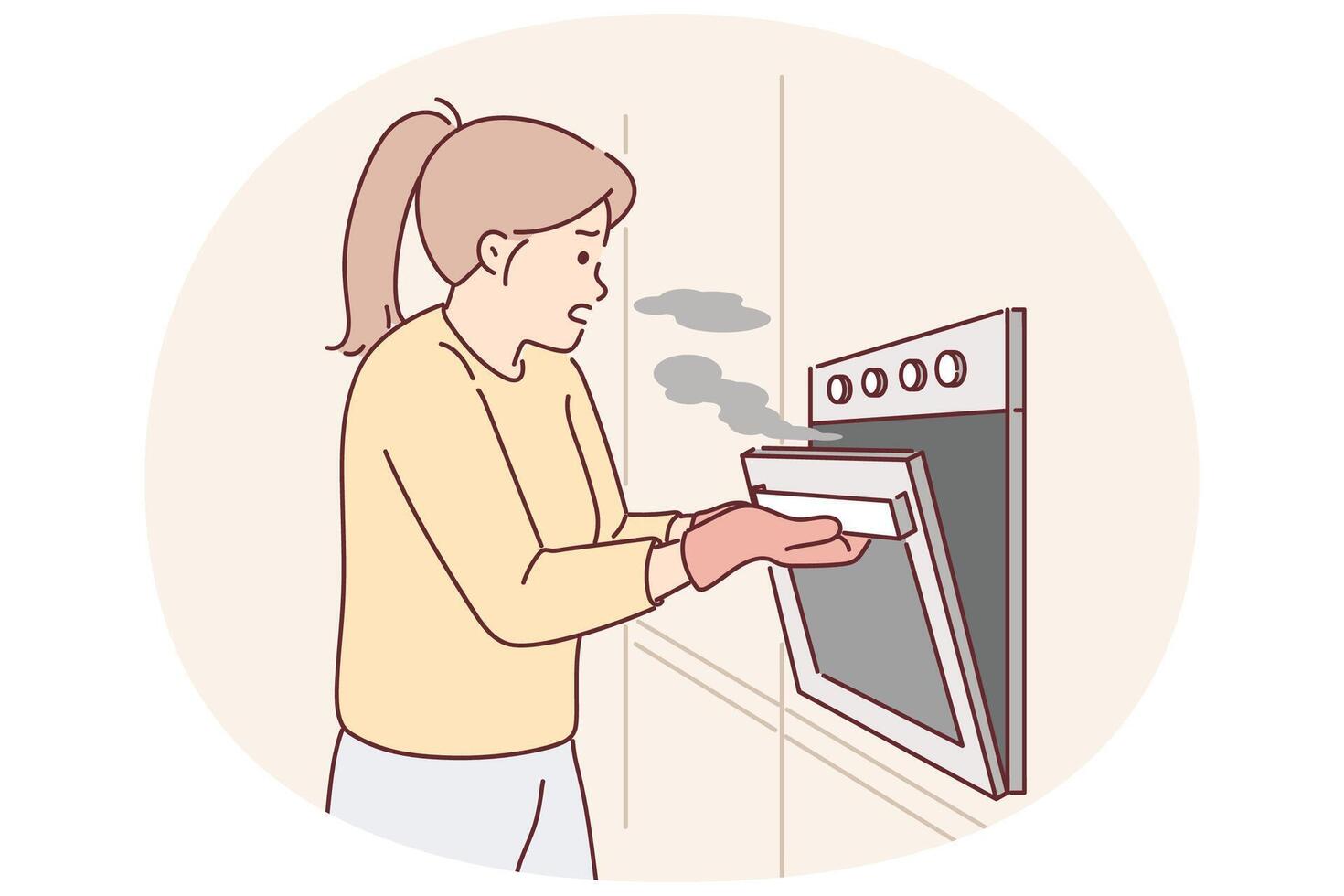 Woman cook opens oven releasing smoke from overcooked meat due to inattention or wrong recipe vector