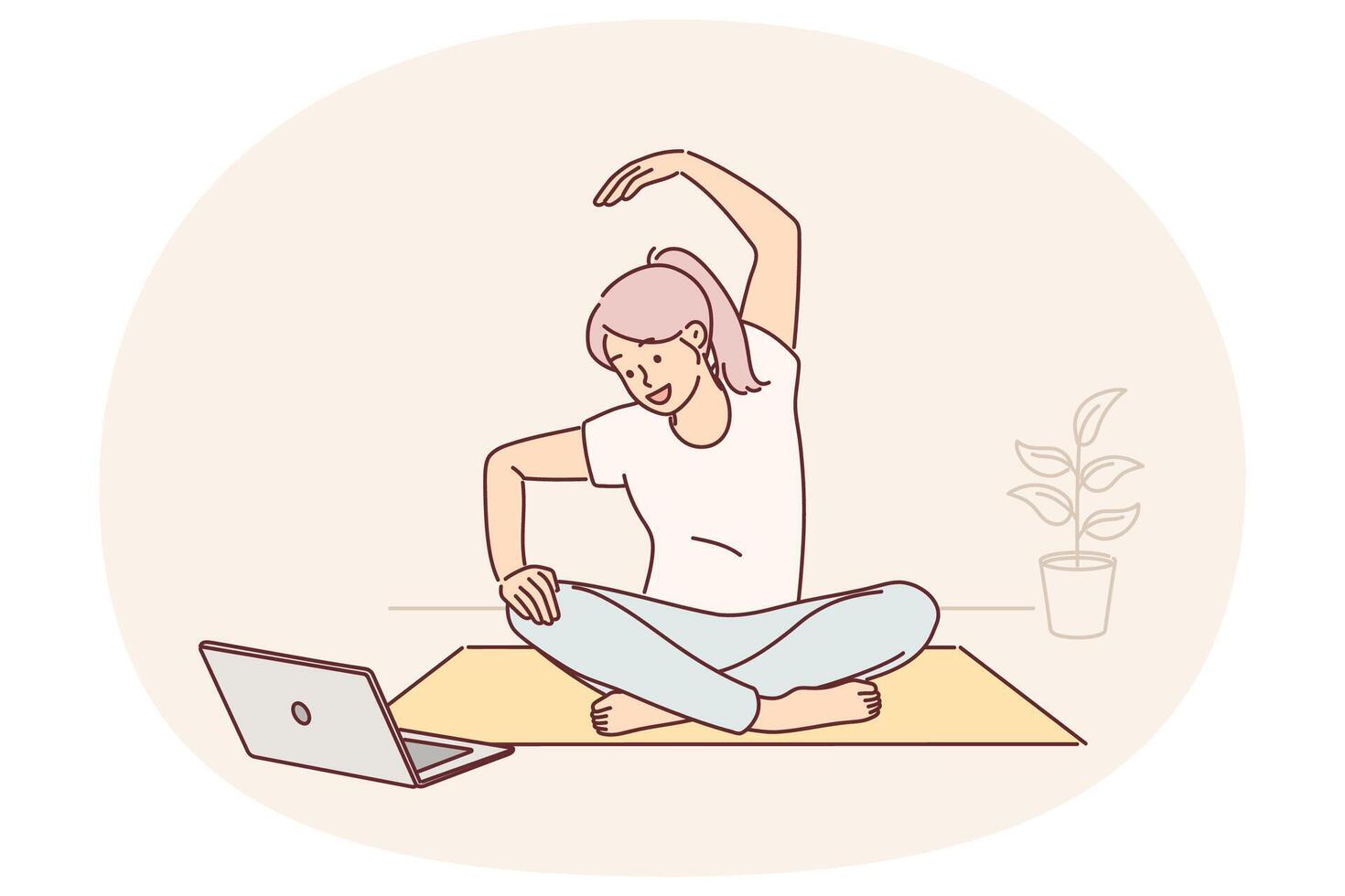 Woman sits on yoga mat and looks at laptop screen doing exercises during online broadcast vector