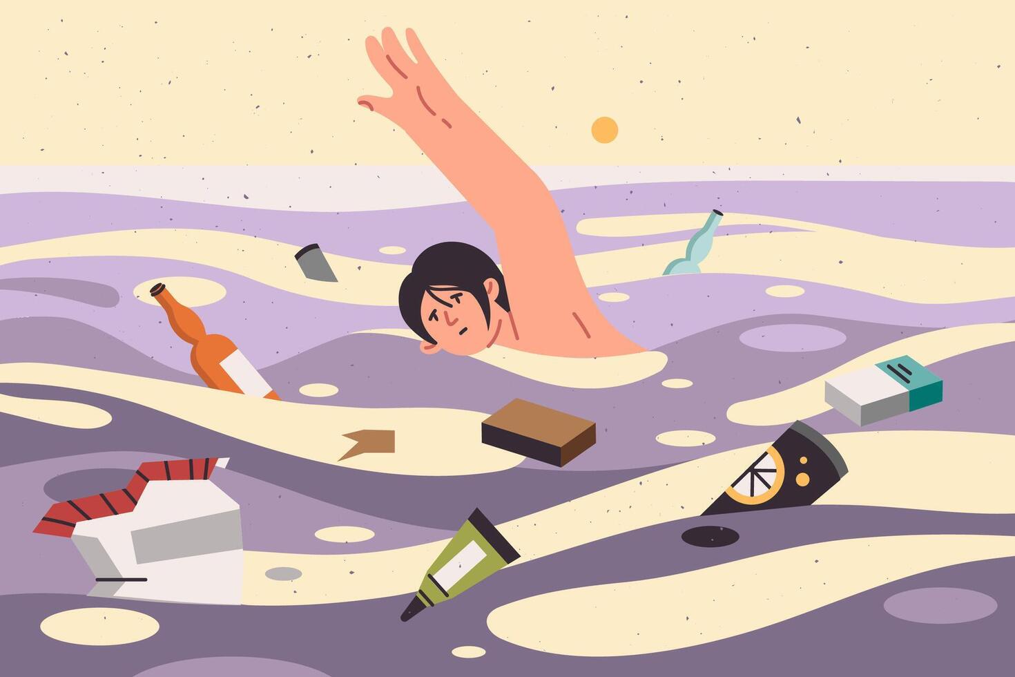 Woman swims in sea among garbage and plastic waste, for concept of problem of ocean pollution vector