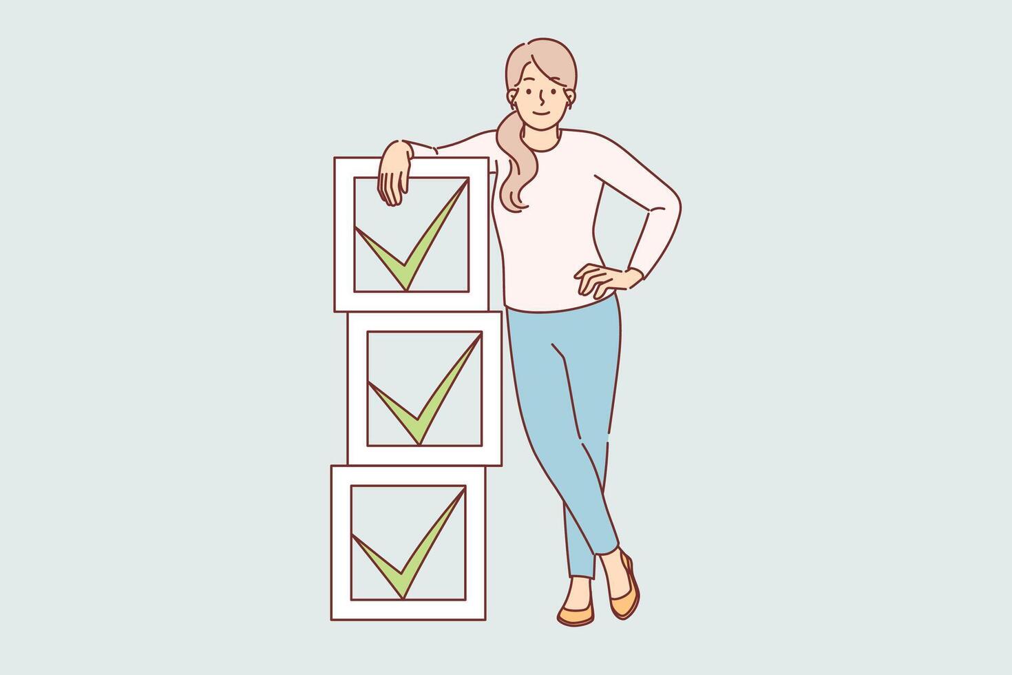 Woman stands near checkboxes with ticks symbolizing task management to increase productivity vector