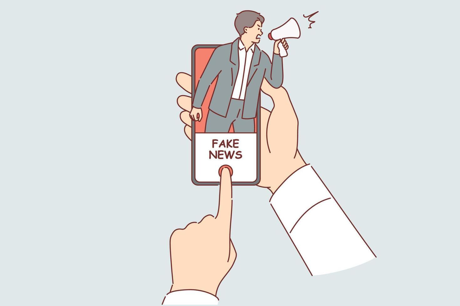 Spreading fake news and propaganda in mobile applications, inside phone in hands of person vector