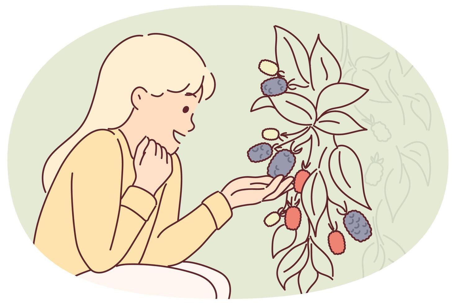 Girl sits near bush with fresh raspberries or blackberries tasting fruits of fruit plant vector
