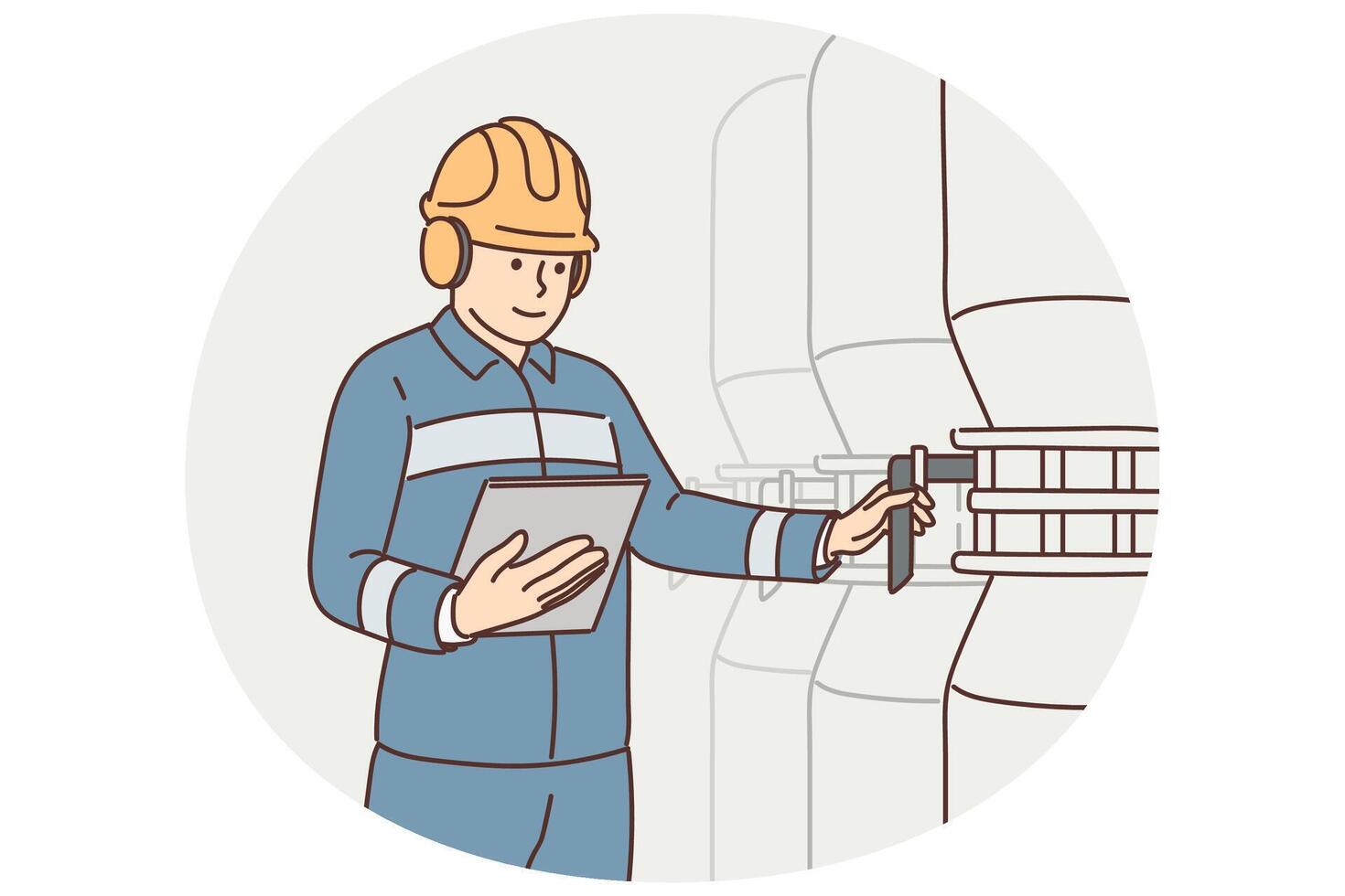 Man working at factory holds electronic tablet standing near industrial equipment and tanks vector