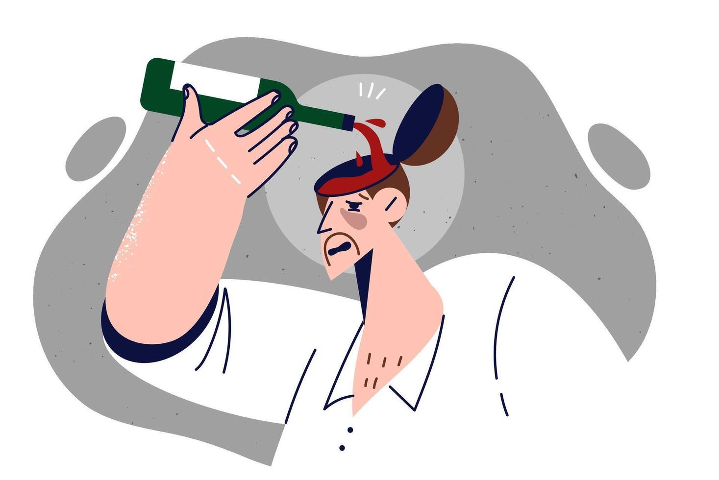 Drunk man pours wine into head, demonstrating antisocial lifestyle and dependence on alcohol vector