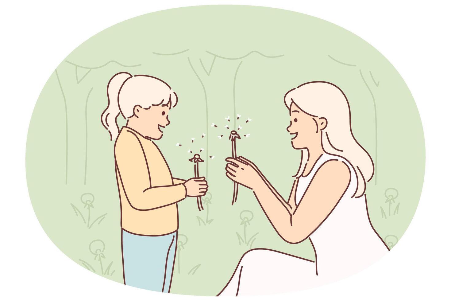 Mom and little daughter are holding dandelions, rejoicing at onset of spring and good hot weather vector