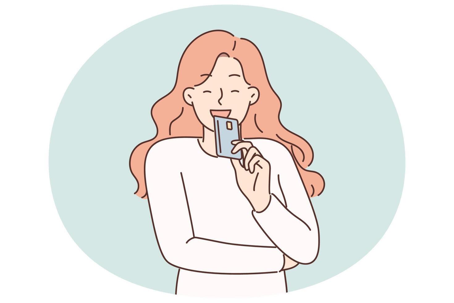 Woman brings credit card to face and smiles planning to make online purchase or pay for shopping vector