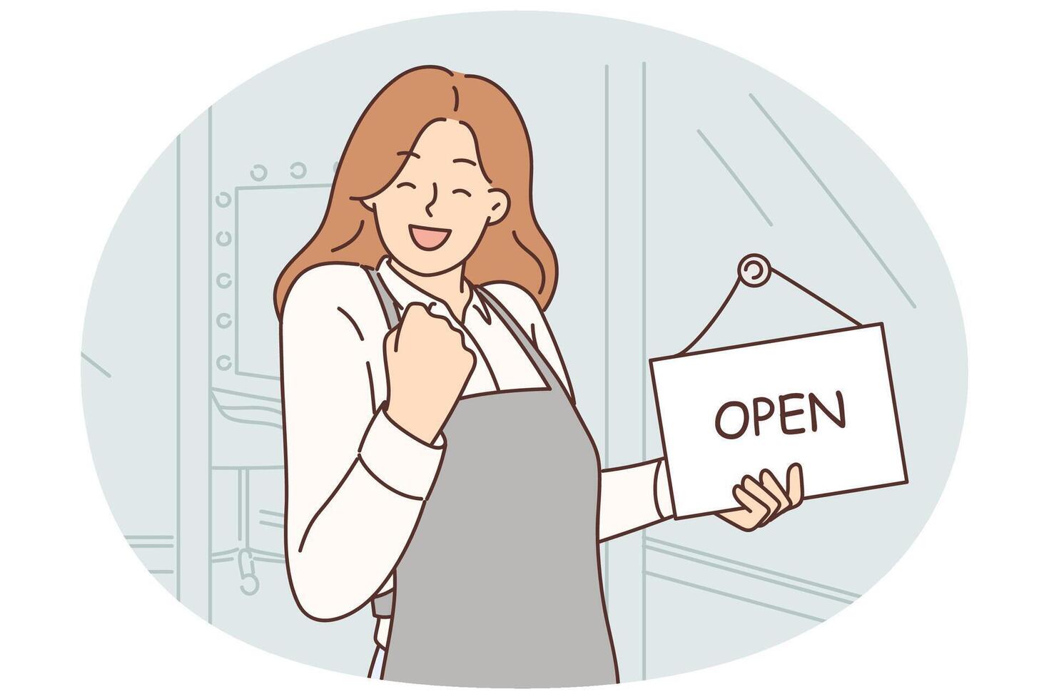 Woman owner of beauty salon makes victory gesture standing near front door with sign open vector