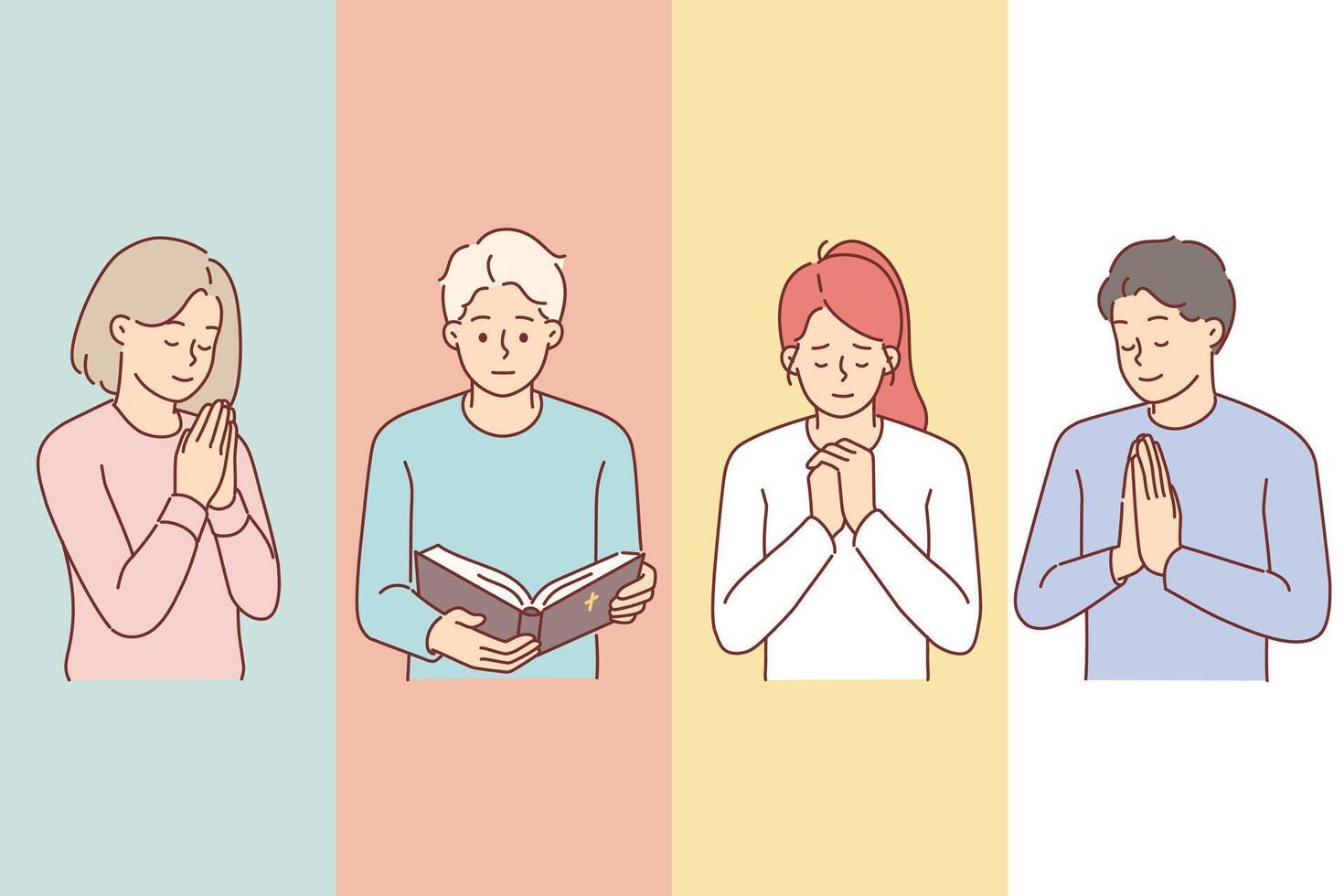 Praying teenagers from sunday christian school make prayer gestures or read bible vector